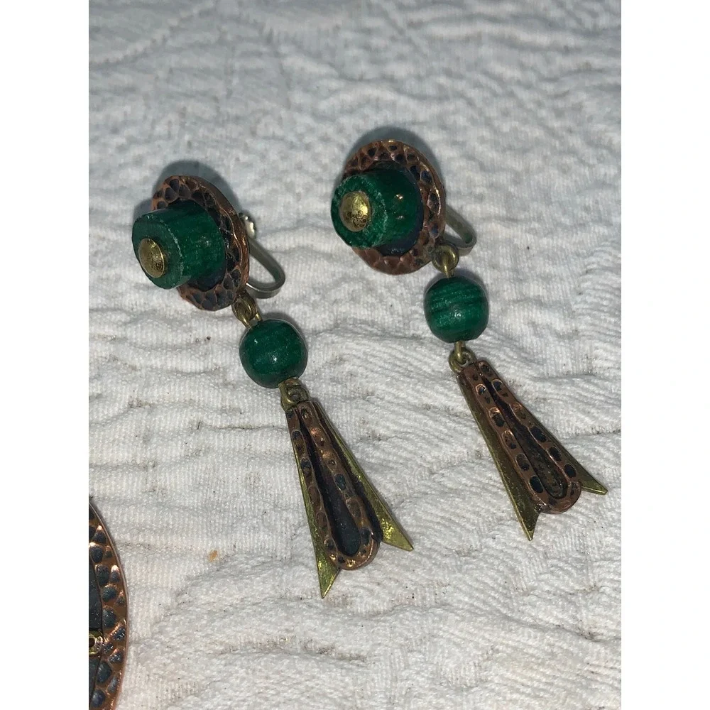 Vintage Mexico Mixed Metal Copper Malachite Brooch Pendant and Earrings Set‎